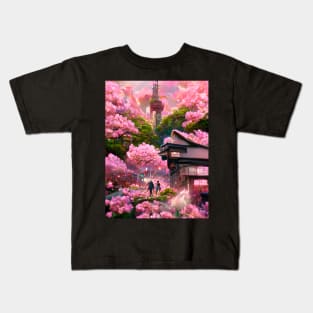 Japanese Sakura Flower Street of Garden World of Cherry Pink Blossoms Kids T-Shirt